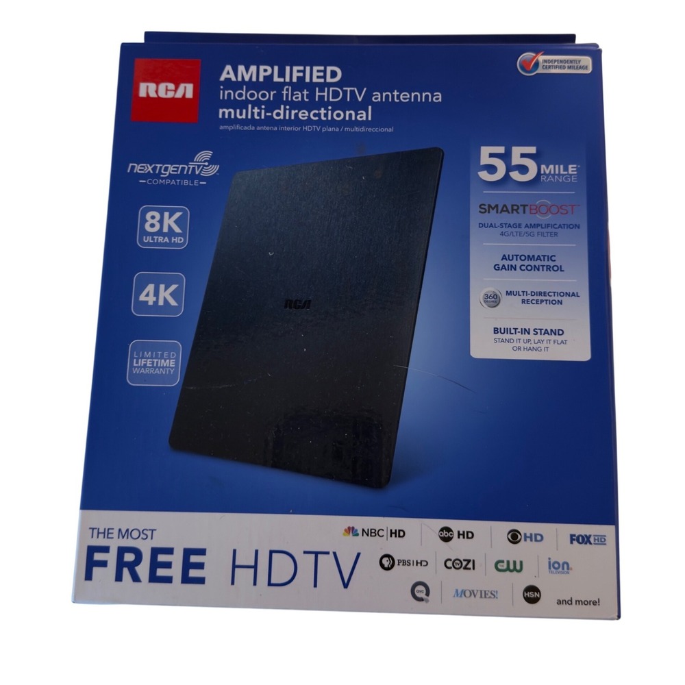 RCA Amplified Multi-Directional Indoor Flat HDTV Antenna 55 Mile Range NIB